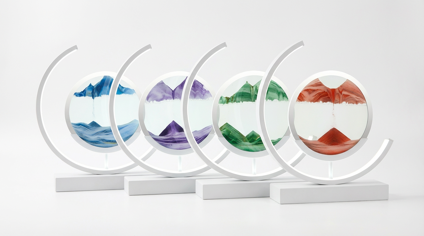 Five circular awards with mountain landscapes on a white background