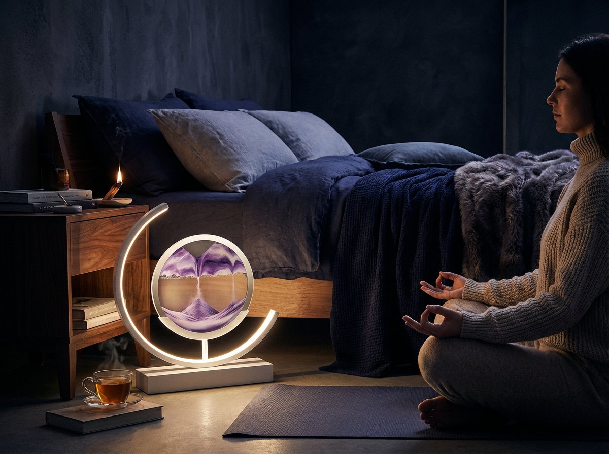 Woman meditating in a dark bedroom with a glowing lamp