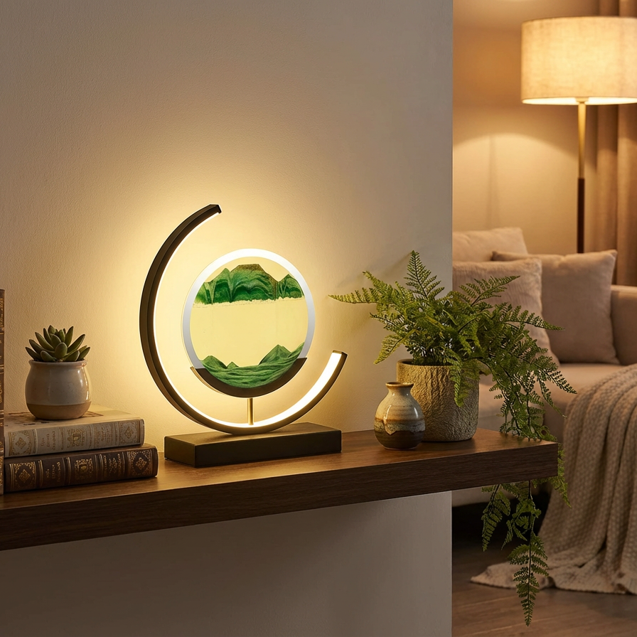 Decorative lamp on a shelf with a cozy living room background