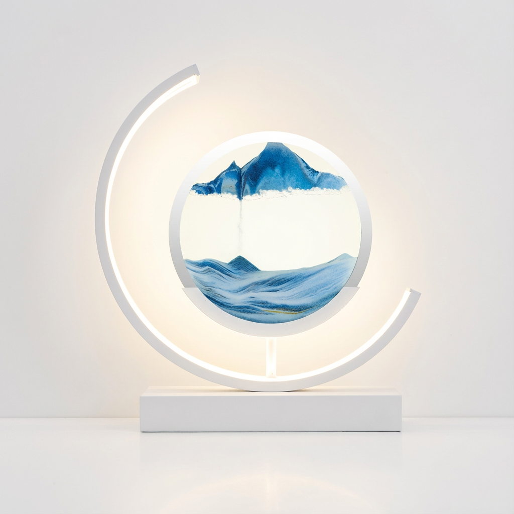 Decorative lamp with mountain design inside a circular frame on a white background