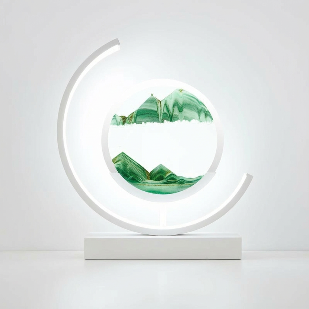 Decorative piece with green marbled design inside a circular frame on a white background