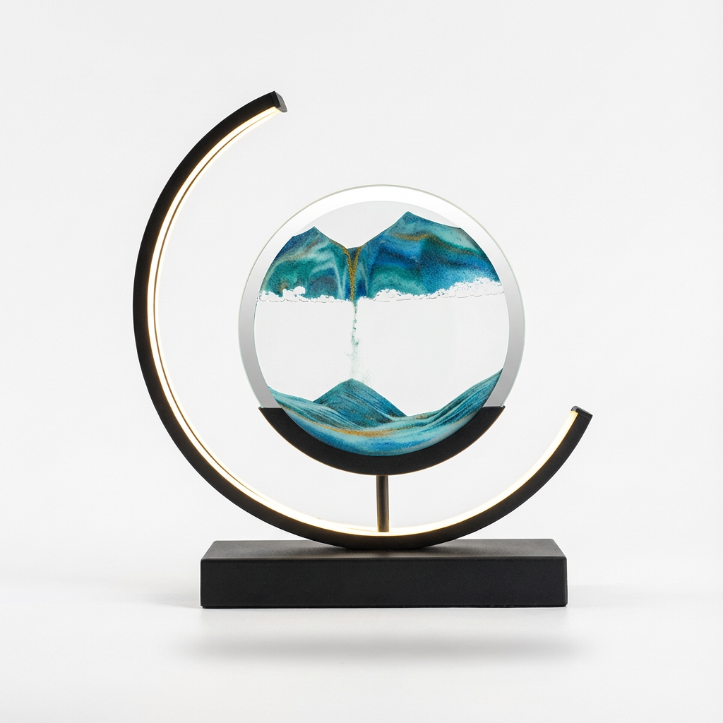 Decorative piece with a glass sphere and black metal arch on a white background