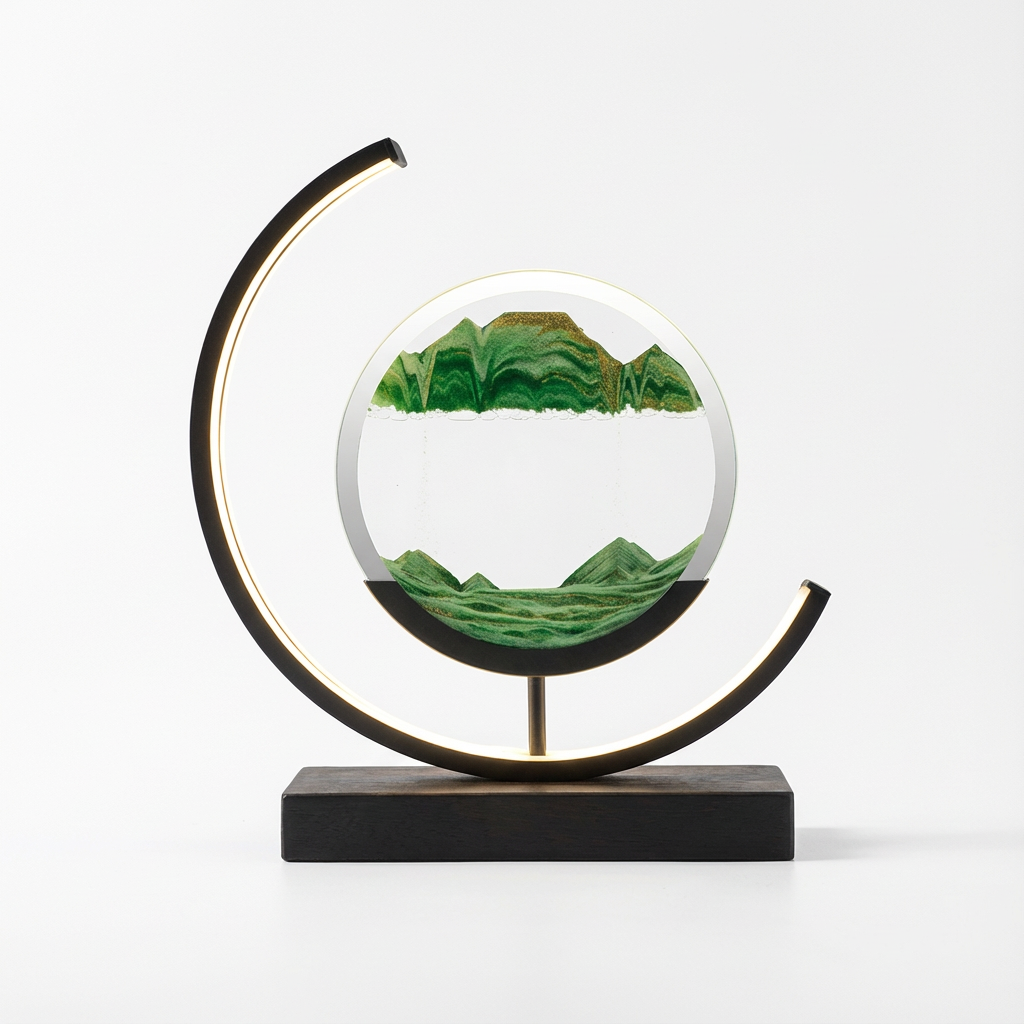 Decorative piece with a glass sphere and green landscape on a black base